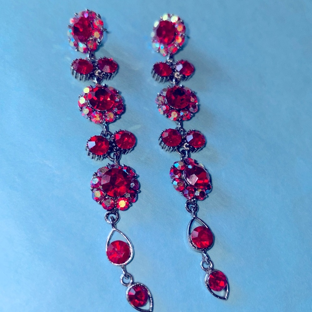 Jim Ball red crystal and AB stone /dangle floral earrings